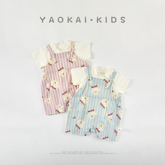 嬰兒短袖套裝寶寶0-2夏裝薄款百搭T恤新生兒洋氣豎條背帶褲兩件套