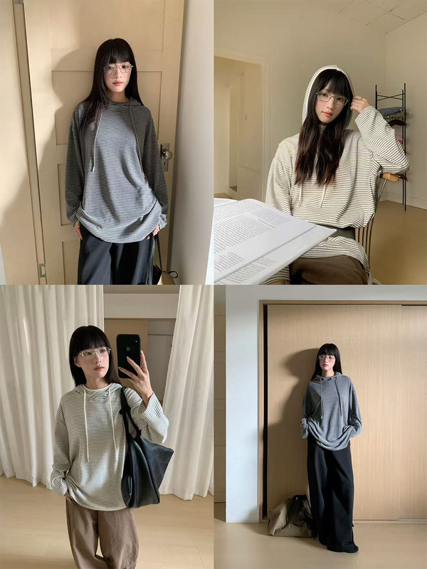 誉一新款2025秋季韩系百搭条纹连帽卫衣女宽松慵懒长袖上衣c6608|undefined