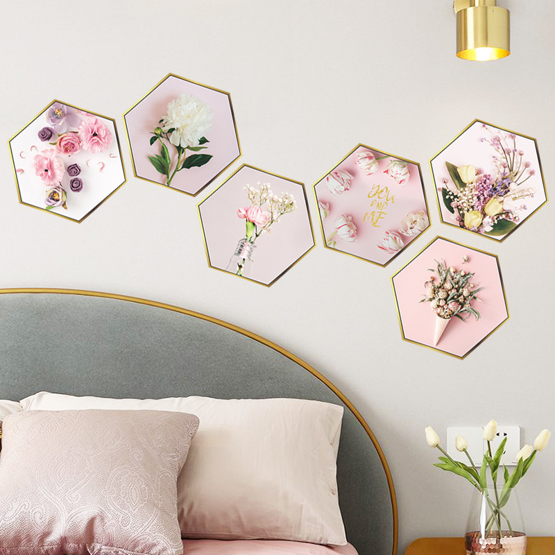 New Pink Flower Flat Hexagonal Photo Frame Wall Sticker display picture 3