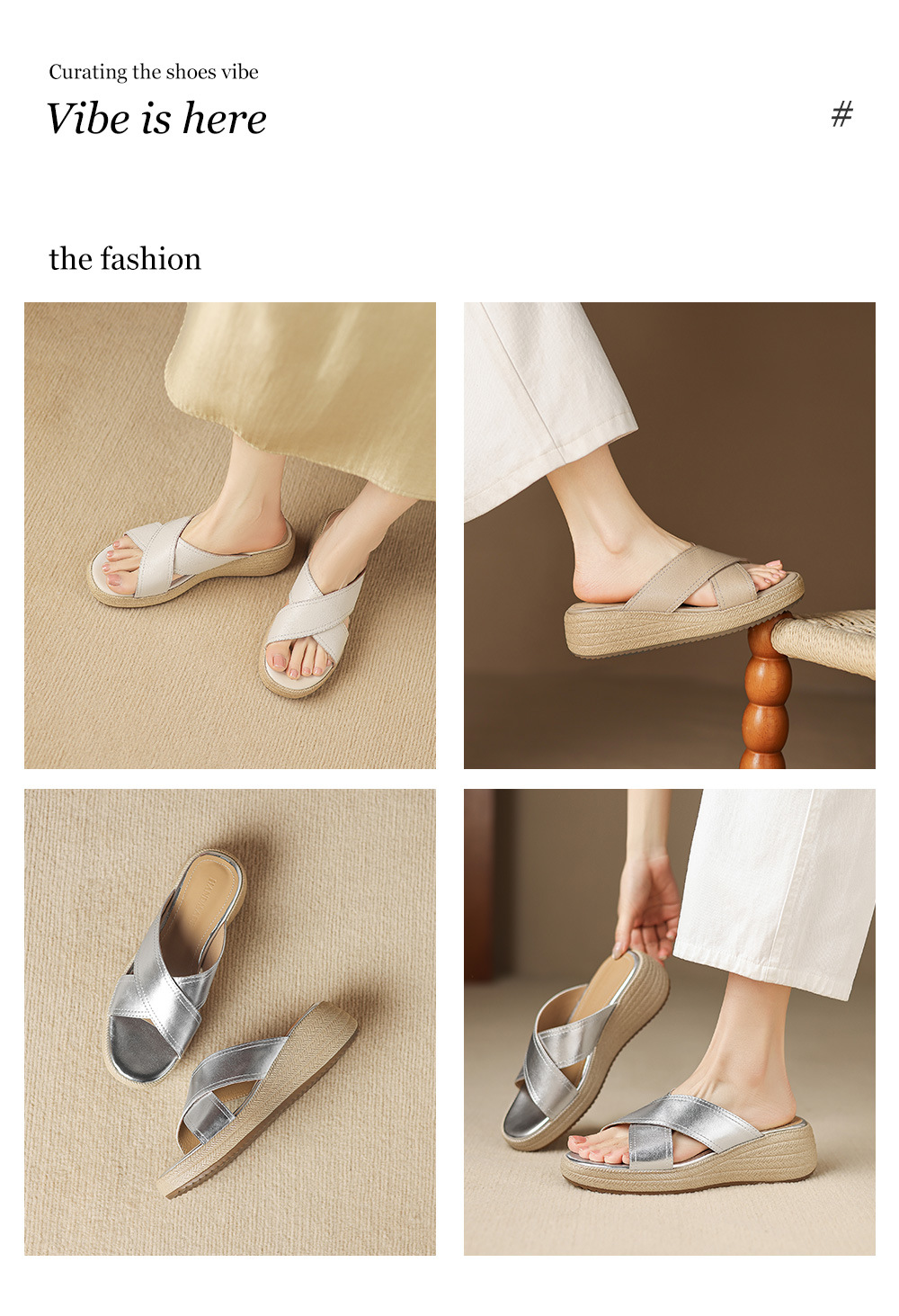 Dép sandal nữ quai chéo hở ngón đế dày da cừu — màu trắng ngà chi tiết 2