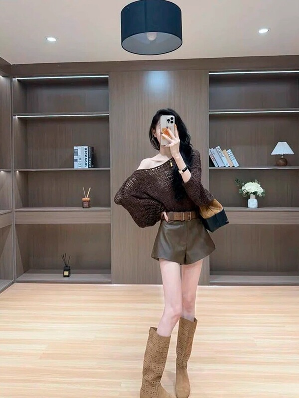 女装韩系设计感御姐范时尚高级舒适辣妹休闲百搭针织镂空长袖上衣|undefined