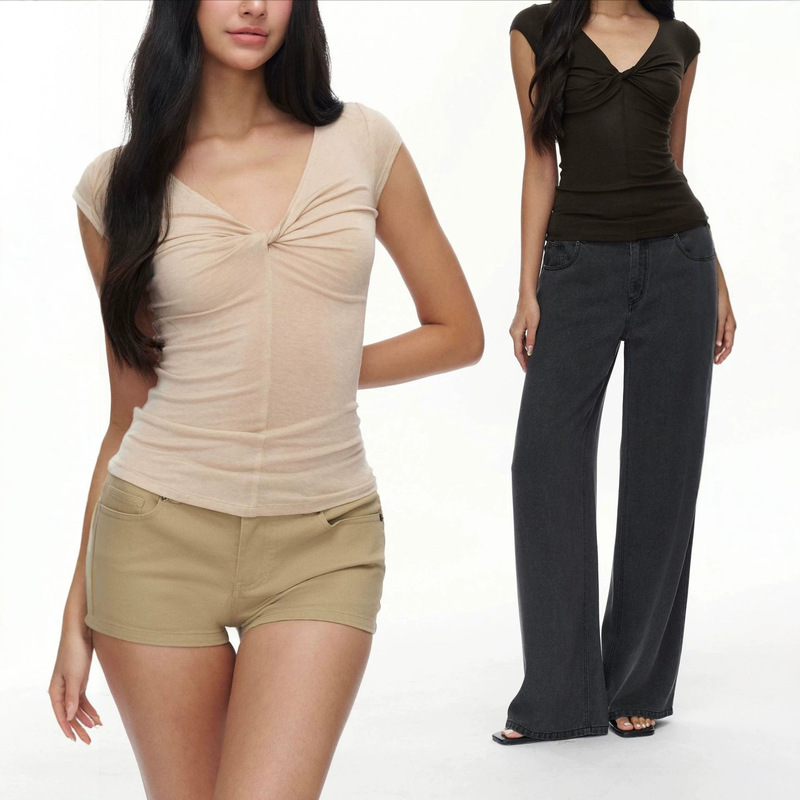 Jim Kennt V-Neck Twisted Slim-Fit Short-Sleeve Top Jim Kennt V-Neck Twisted Slim-Fit Short-Sleeve Top