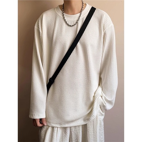 Men's Spring and Autumn Crew Neck T-Shirt with Hong Kong Style Heavy Weight Drape Long Sleeve Loose Large Size Casual Base Shirt Top Short Sleeve Summer Shirt