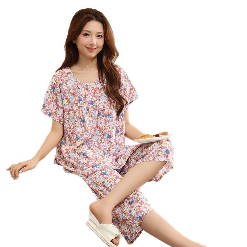 棉绸套装女外穿夏季洋气休闲薄人造棉短袖七分裤两件套家居服睡衣|undefined