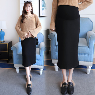 Real shot pregnant women's skirt spring and autumn new versatile solid color one-step skirt mid-length slit pregnant women's hip skirt