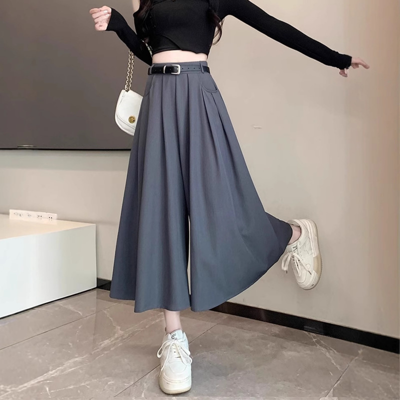Grey Casual Wide-leg Pants Women's Summer Thin High Waist Pleated Cropped Straight Pants Trendy Short Suit Culottes