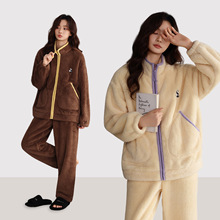 冬季新款双面珊瑚绒加厚睡衣女两件套宽松慵懒毛毛家居服套装
