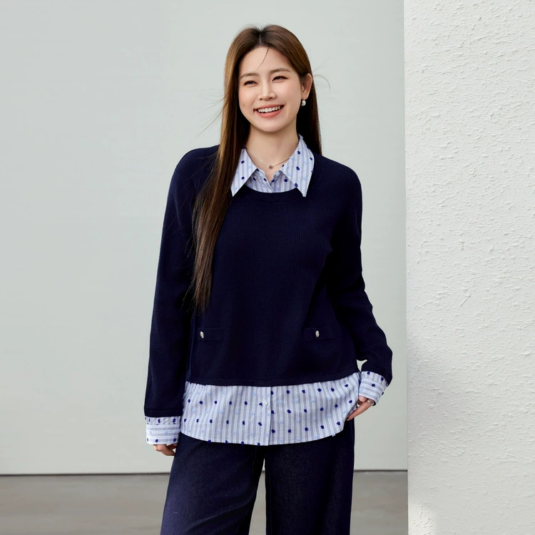 [Модный дизайн чувствует подол поддельные два темпераментных свитера] Funny Show большой размер женский толстый мм весенний новый