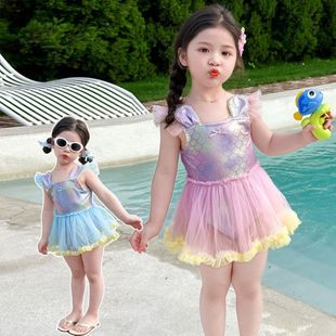Girls' Summer Swimsuit 2025 New Style with Small Flutter Sleeves and Fish Scale Pattern, Fashionable and Sweet, Includes Swim Cap
