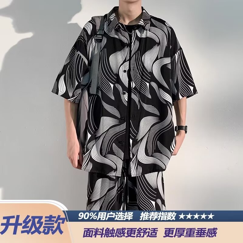 새로운 중국 스타일 국가 스타일 아이스 실크 비치 세트 남성 여름 얇은 느슨한 플러스 사이즈 셔츠 반바지 여름 의류