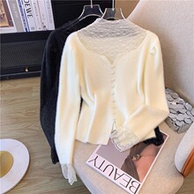 秋冬新款设计感蕾丝拼接加厚半高领毛衣女气质甜美减龄内搭打底衫