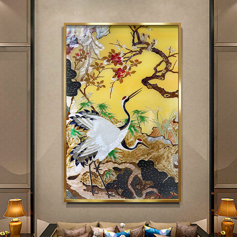 新中式手绘珐琅彩装饰画仙鹤挂画松鹤延年中堂画客厅古风墙面壁画
