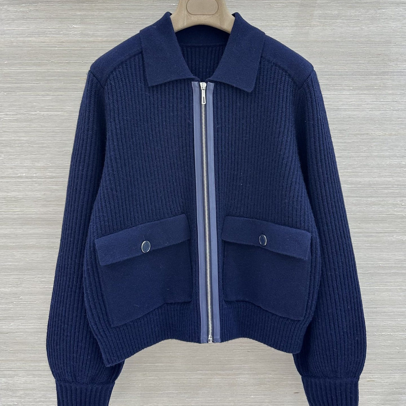 French-Style Nanyou 2026 Autumn and Winter New Patchwork Lapel Zipper Cashmere Knit Jacket for Women with Double Pockets Cardigan