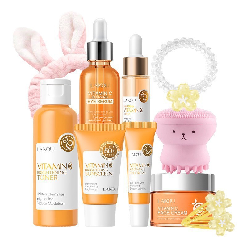 Transfronterizo LAIKOUFENYI Vitamina C serie combinación hidratación humectante productos de cuidado de la piel paquete de caja Inglés FDA productos de cuidado de la piel