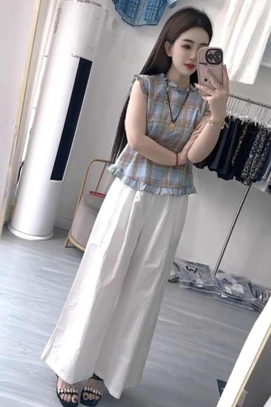 欧洲站时尚减龄套装女2025夏季新款撞色格子木耳边无袖小衫阔腿裤|undefined