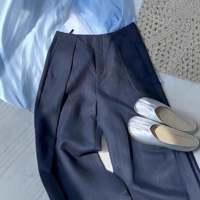Highly Recommended! Old Money Style Navy Blue Casual Pants Summer High-Waisted Pleated Fashion Non-Stretch Linen Suit Pants Highly Recommended! Old Money Style Navy Blue Casual Pants Summer High-Waisted Pleated Fashion Non-Stretch Linen Suit Pants
