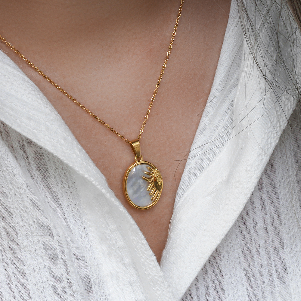 Fashion Pendant Womenu0027s Plated 18K Gold Oval Shell Sun Pendant Stainless Steel Necklace