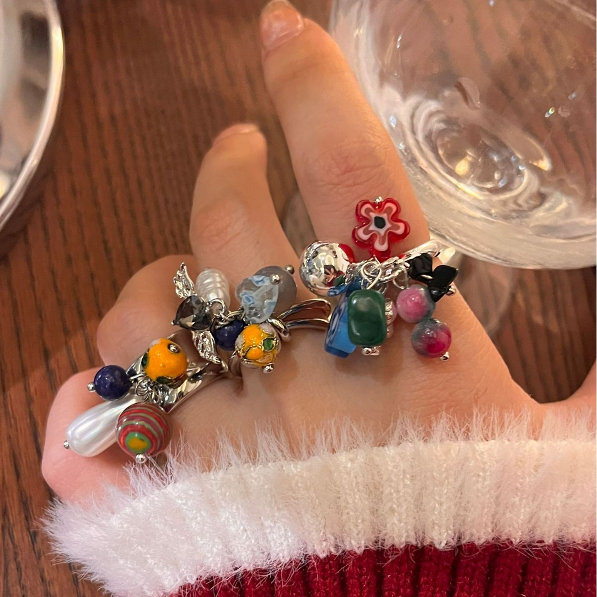 國潮新中式琉璃花朵天然石珠珠吊墜戒指高級感百搭開口疊搭指環戒