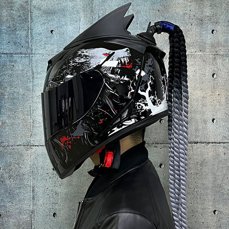 AIS Motorcycle Helmet Full Face Dual Lens Horns