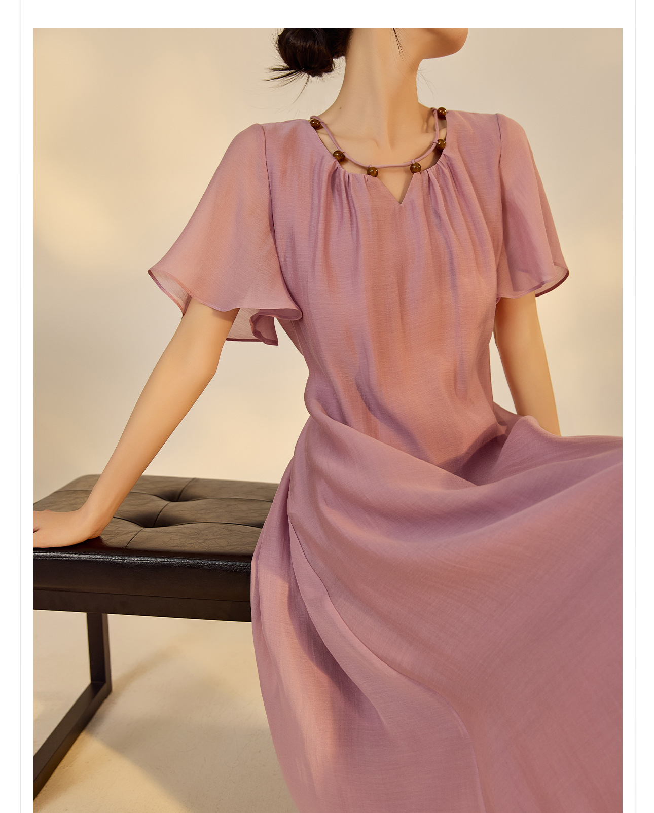Đầm maxi nữ thắt eo tay lá sen chất Tencel phong cách dân tộc — Taro màu tím chi tiết 2