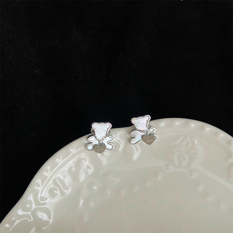 Womenu0027S Sweet Bear Stainless Steel Bracelets Ear Studs Necklace Mother pearl shellfish Jewelry S