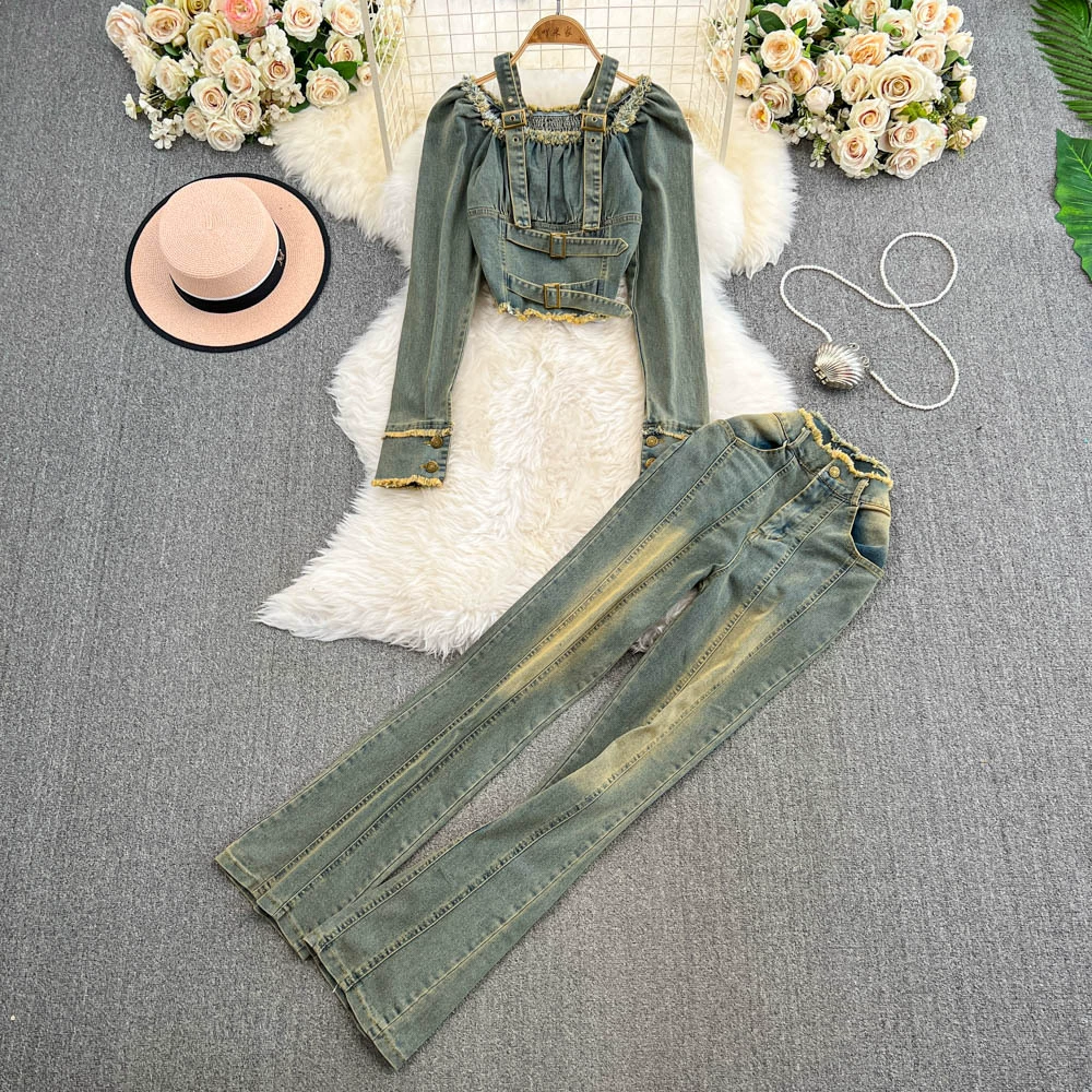 Модный костюм женский ретро-гонконгский стиль темпераментный джинсовый топ из двух частей с высокой талией тонкие микро-рога длинные брюки