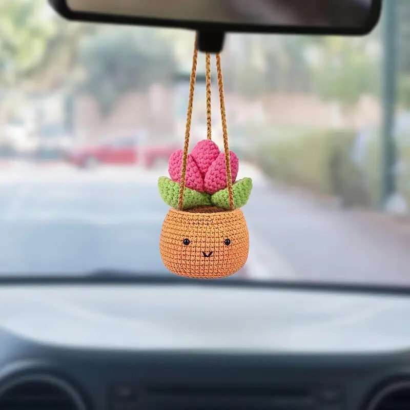 Cross-Border Amazon Cute Smiling Face Potted Plant Crochet Car Mirror Pendant Car Rearview Mirror Car Interior Accessories Cross-Border Amazon Cute Smiling Face Potted Plant Crochet Car Mirror Pendant Car Rearview Mirror Car Interior Accessories