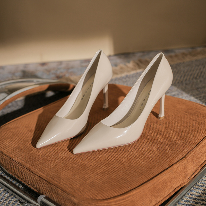 8812 Pointed Toe High Heels Women's Stiletto Heels 2026 Spring New Style Simple Versatile Patent Leather Shallow Square Heel Pumps