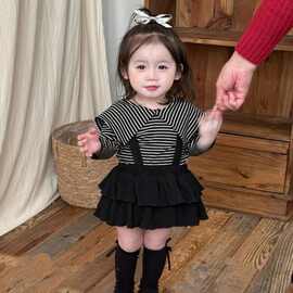 春季婴幼儿赫本风条纹翻领上衣背带包屁裙裤女宝宝洋气小香风套装