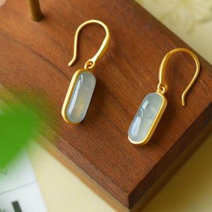 Natural Hetian jade Chinese style jasper earrings fairy forest ethnic style 925 oval retro jewelry