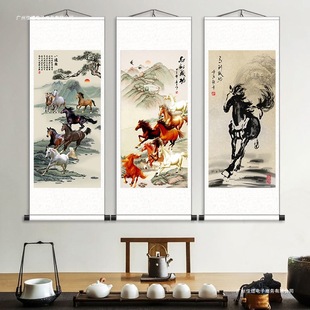 Silk Scroll Hanging Painting for Living Room Calligraphy Decoration, Horse and Landscape Painting, Eight Horizontal Scrolls, New Chinese Style