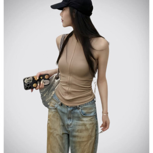 Design Sense Zipper Round Neck Sleeveless Camisole Women's 2025 Summer New I-shaped Waist Slim-fit Slim-fit Top