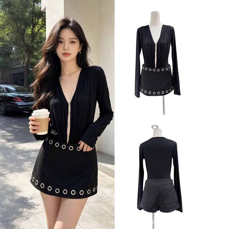 Black Sexy Tight-Fitting Hip-Hugging Ultra-Short Shorts with a Low-Waist Design, Faux Two-Piece Skirt-Pants for Women