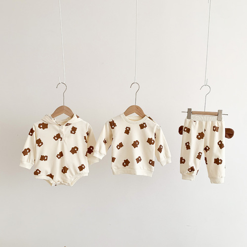 Korean version of ins spring and autumn infants and toddlers baby harem men's and women's baby cartoon bear print triangle jumpsuit crawler suit