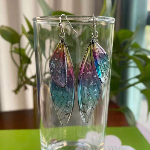 S925 Silver Cicada Wings Ear Hook Butterfly Earrings Temperament Super Fairy Long Earrings Cicada Wings Gradient Color Earrings for Women