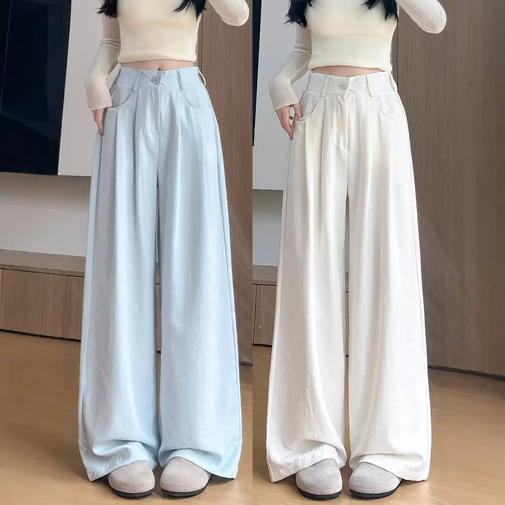 雾霾蓝奶芙西装裤女夏季2025新款高腰显瘦休闲宽松山本垂感阔腿裤