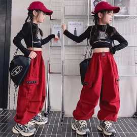 女童爵士舞蹈表演服装韩版女孩露脐长袖嘻哈工装裤少儿街舞演出服
