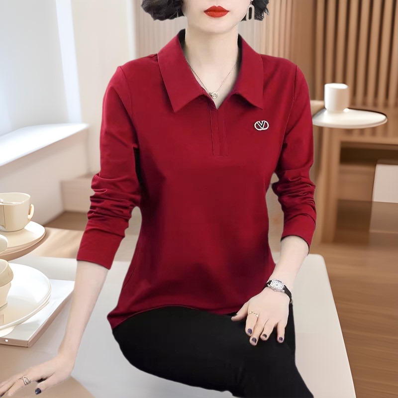 Solid Color T-Shirt for Women, Long-Sleeved Polo Collar Top for Spring and Autumn, Slim-Fit Long-Sleeved Base Shirt for Women in Autumn and Winter