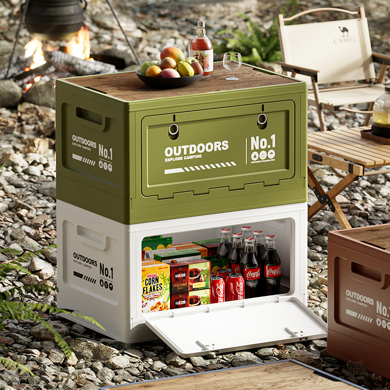 Outdoor Camping Storage Box with Double Doors, Car Trunk Organizer, Portable Stall Display Box with Wooden Lid, Foldable Storage Box