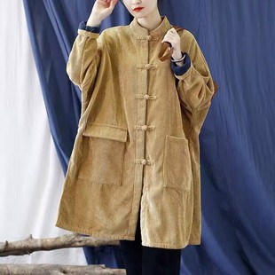 2024 Winter New Vintage Artistic Mid-length Thickened Corduroy Stand Collar Loose Coat with Buckle for Women