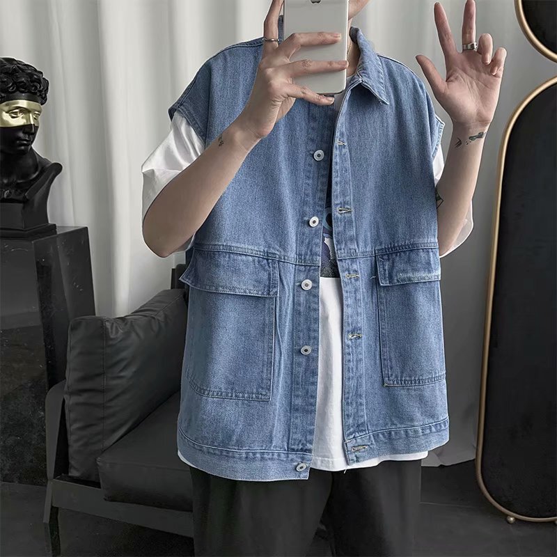 Denim Jacket Jacket Men's Korean-style Loose Sleeveless Vest Hong Kong-style Trendy Ins Workwear Waistcoat Men's Vest