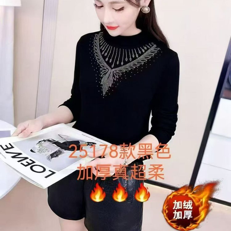 一件代发直播爆款2025冬季新款时尚加绒加厚洋气百搭烫钻打底衫女