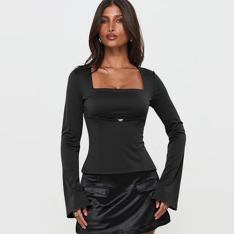 Niche Design Black Top for Women with Square Collar, M-Shaped Metal Buckle, Pleated Details, Micro-Flared Long Sleeves, Slim Fit Inner Wear