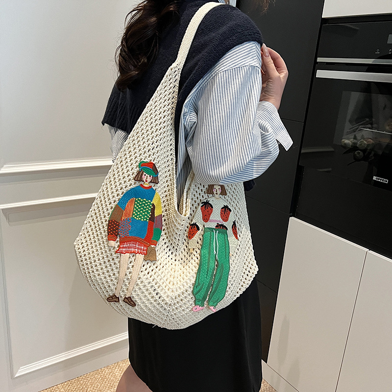 Lazy Style Woven Bag For Women, Fashionable Large Capacity Shoulder Bag, Beach Vacation Travel Korean Style Straw Bag - Thumbnail 2