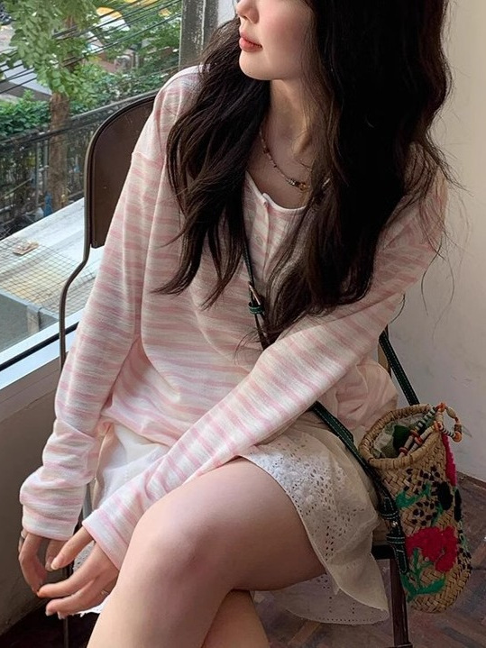 韓国シックなピンクのストライプのサスペンダートップ女性の夏の日焼け止めブラウス長袖Tシャツ薄手|undefined