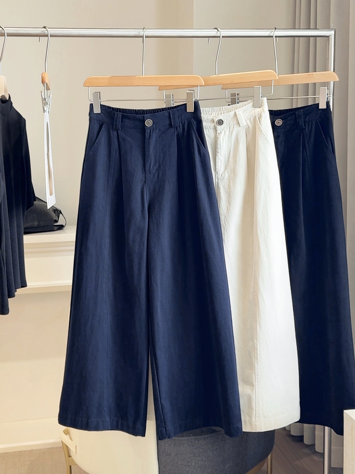 Vintage Elastic High-Waisted Washed Cotton Wide-Leg Pants for Women, Spring and Autumn, Petite, Loose, Slimming, Drapey, Casual Straight-Leg Pants