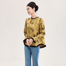 2601504-南油高品质新中式人丝提花小马吊坠上装拼丝绒花边女衬衫