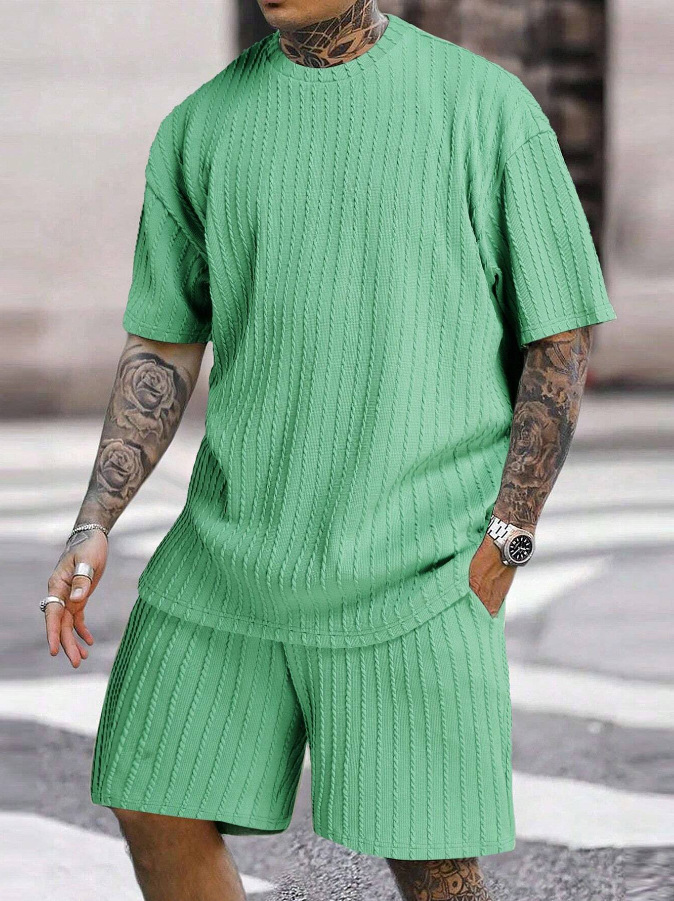 Abbigliamento da uomo, nuovo e più venduto, maglione sportivo da uomo a tinta unita con scollo rotondo e righe verticali, pantaloncini, maniche corte, abito a due pezzi_voghion.com