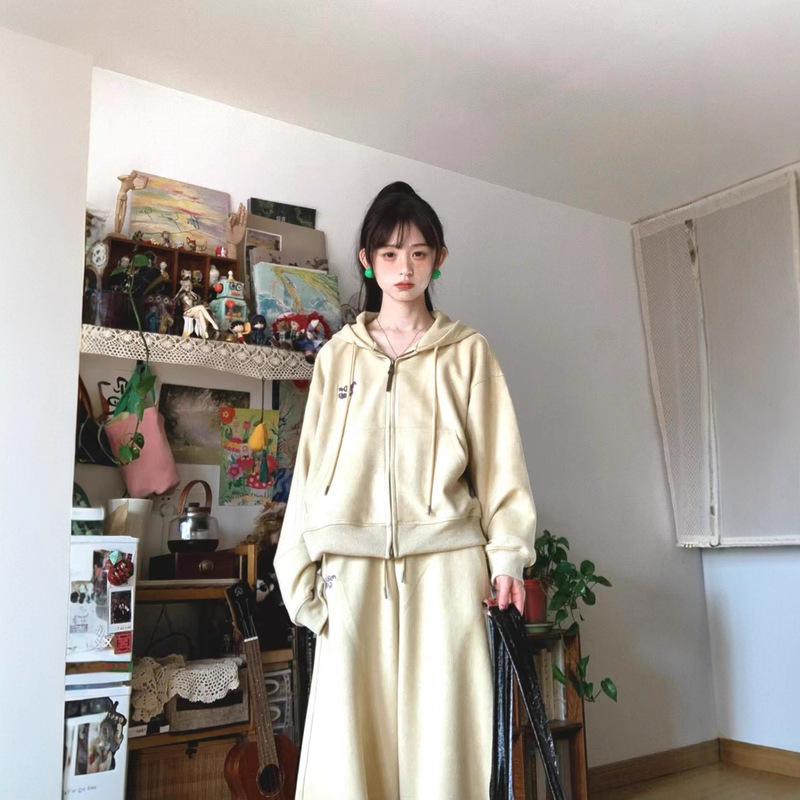 秋冬季高级感休闲时尚运动套装女学生慵懒风开衫卫衣阔腿裤两件套|undefined
