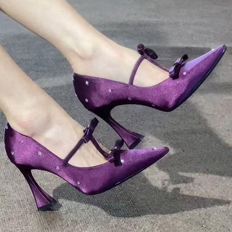 Hot Girl Purple Suede Rhinestone High Heels Women's Pointed Toe Stiletto Shallow Pumps 2026 Hot Style Sweet Cool Shoes